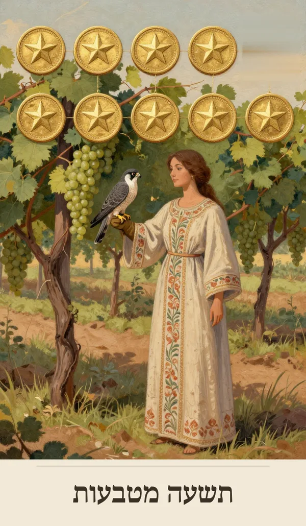 קלף תשעה מטבעות (Nine of Pentacles) — חפיסת הטארוט של רוח חכמה