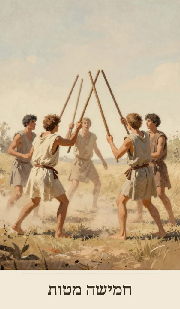 קלף חמישה מטות (Five of Wands) — חפיסת הטארוט של רוח חכמה
